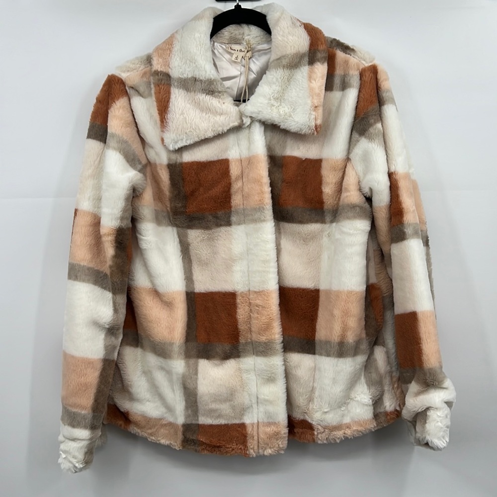 🆕Hem & Thread Fleece Jacket Plaid Colorblock Cream Orange Brown Lined Restocked - Picture 2 of 15